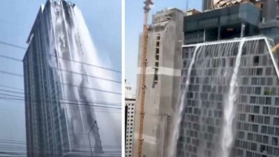 Shocking footage shows swimming pool water cascading from the top